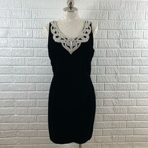 Gunne Sax Black Velvet Midi Dress with Ivory Beaded Neckline